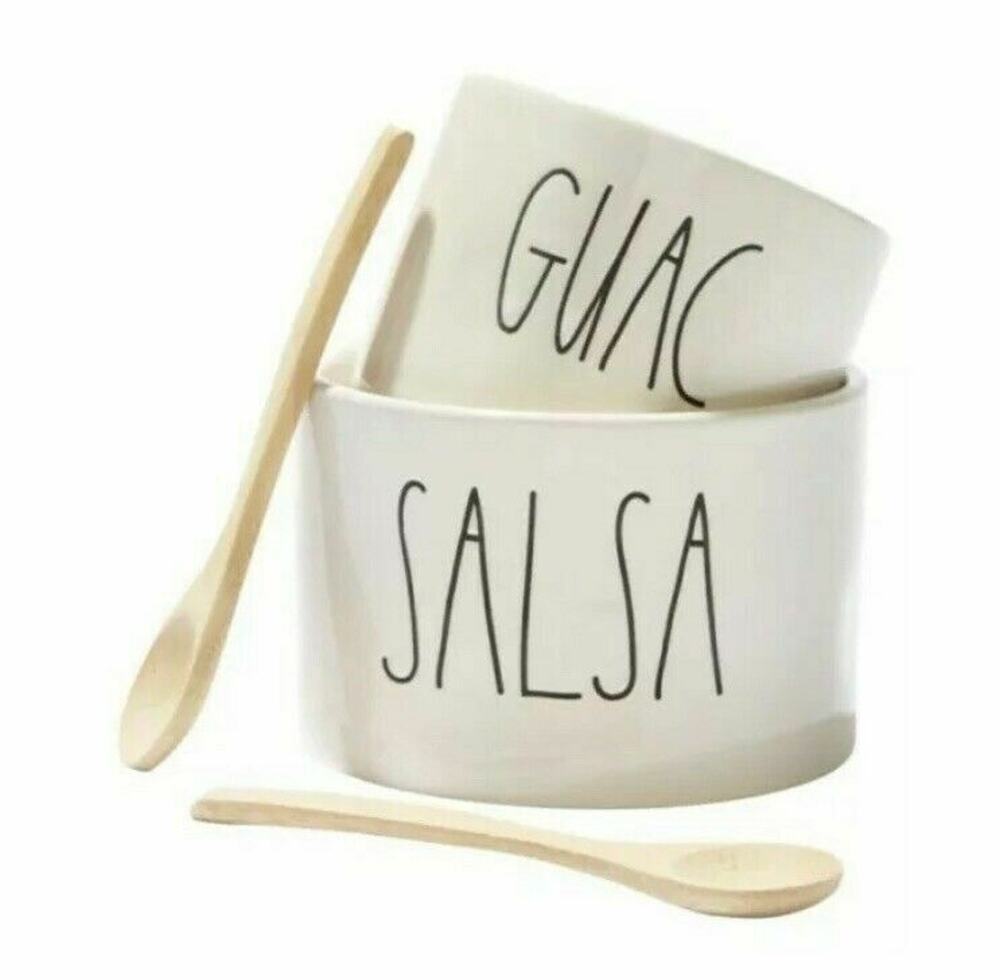 Rae Dunn Guac Salsa Bowl Set and Bamboo Spoons Artisan Collection by Magenta